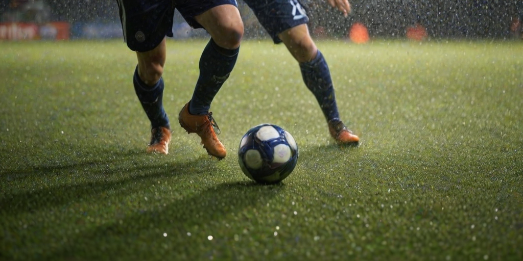Blurry action shot of a soccer player dribbling the ball down a rain-soaked field, soft light from the stadium illuminating the scene, with water spraying up from their cleats and distant teammates watching intently.