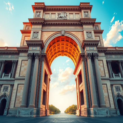 Create a high-resolution illustration of a monumental arch with classical architectural elements, using a DSLR camera set to f/8, ISO 100, and a 50mm lens, with a straight-on view and vivid colors to enhance details and depth.