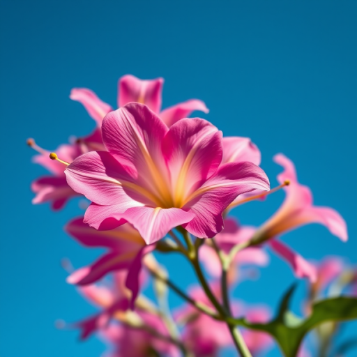 Close-up of pink trumpet flowers with a clear blue sky background, shot with a Canon EOS 5D Mark IV, 50mm lens, f/2.8 aperture, ISO 100, shot in natural light from a low angle for enhanced detail and depth.