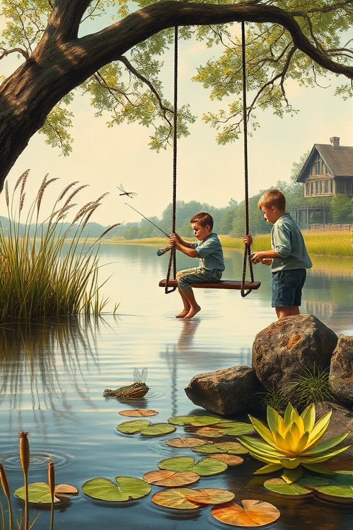 Imagine a small group of old fashioned young boys out fishing by the creek, a swing hanging from a tree branch, reeds and grasses by the water's edge, a frog sitting on a lily pad, dragonflies hovering over som water plans, a very iconic old fashioned scene reminiscent of a Norman Rockwell painting style