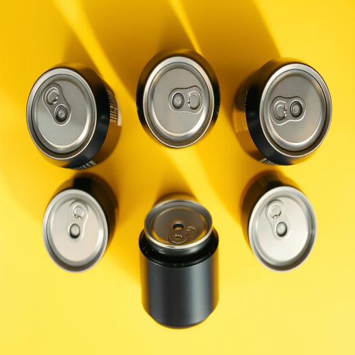 six black soda cans arranged in a 2x3 grid, high-resolution, ISO 100, f/2.8, 50mm lens, soft natural lighting, top-down view, digital camera