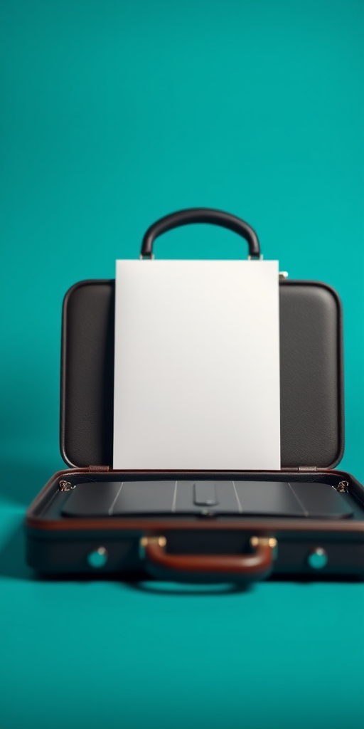 Create a high-resolution vector-style image of a briefcase with a piece of paper in front, using a shallow depth of field, shot from a slightly elevated angle at f/4 aperture, ISO 100, 50mm lens on a DSLR camera against a solid teal background.