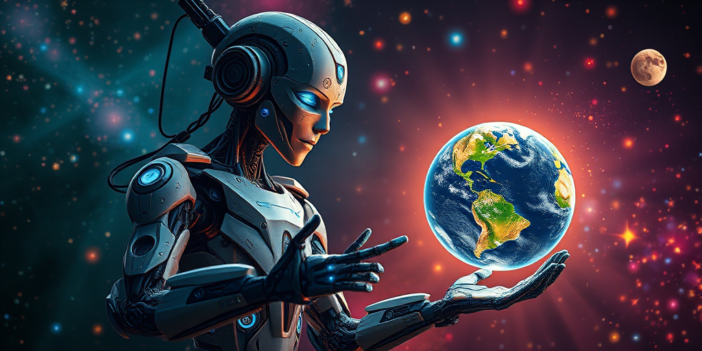 Create a futuristic scene featuring a robotic figure with intricate circuitry and glowing blue elements, holding a glowing Earth in its hand, with vibrant cosmic background filled with stars and celestial phenomena, shot with a DSLR camera at f/1.8, ISO 100, 35mm focal length, using a wide-angle lens to enhance depth, in soft focus to accentuate the details.
