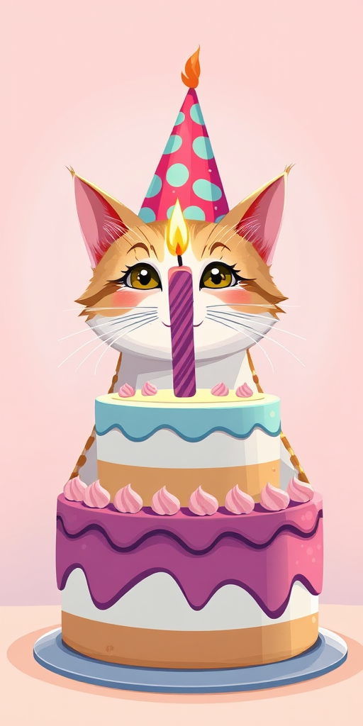 Create a whimsical illustration of a cat wearing a party hat, sitting confidently behind a two-tier birthday cake with a lit candle on top, in vibrant colors, with a soft focus effect, shot at f/4 aperture and 1/125 shutter speed, using a DSLR camera from a slightly elevated angle for added perspective.