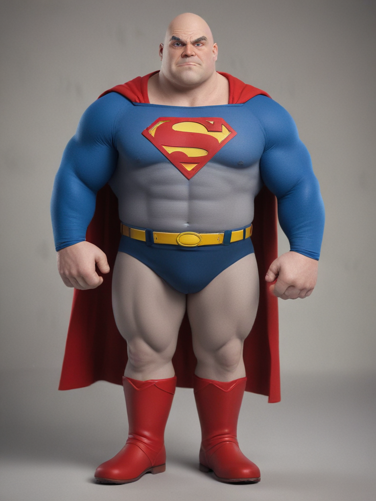 Realistic, short dwarf chubby bald guy, realistic superman, red boots, thick calves, hands on waist, bald, hairy hairy legs