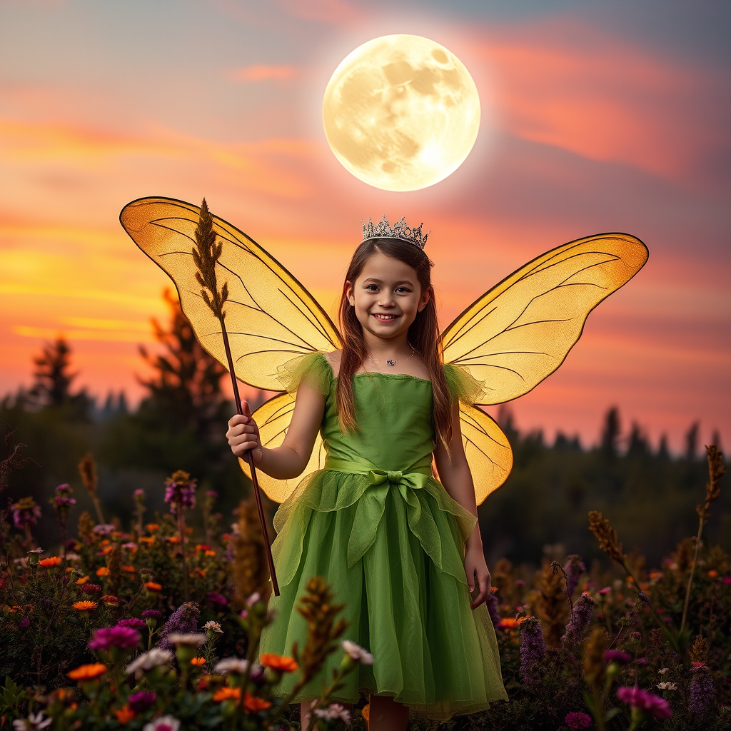 A vivid photo  taken under a bright camera flash of a fantastical scene set against a backdrop of a forest during sunset. The main subject is a girl dressed as a fairy, adorned with translucent wings and a green dress, holding a wand, her face is happy, and she wears a crown on her head. The forest behind her is a blend of flowers, shrubs and trees. The sky is painted in hues of orange and pink, with a large, glowing moon casting a warm glow over the scene. The overall color palette is dominated by earthy tones.