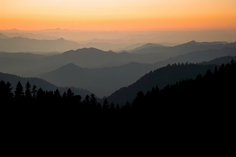 Generate a serene landscape of layered mountains in the background with dense silhouettes of trees in the foreground, using a Canon EOS R5 with a 50mm f/1.2 lens, aperture set to f/8 for greater depth of field, ISO 100 for minimal noise, and captured at sunrise for soft, diffused lighting to enhance colors and contrasts.