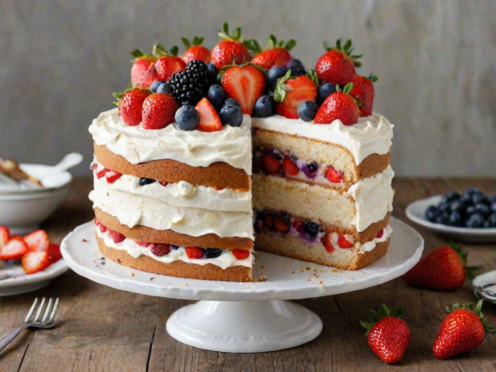 Generate an image of a beautifully decorated layered cake with a creamy white frosting. The cake should have visible layers filled with strawberries and blueberries, topped with fresh fruit. A slice of the cake should be on a plate, showcasing its texture and filling, while the whole cake sits elegantly in the background. The setting should have a rustic, inviting atmosphere.