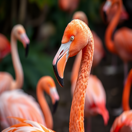 Generate an image of a vibrant flamingo in a natural habitat surrounded by other flamingos with a shallow depth of field, f/2.8 aperture, ISO 100, 50mm lens, soft natural lighting, shot from eye level to capture details and textures vividly.