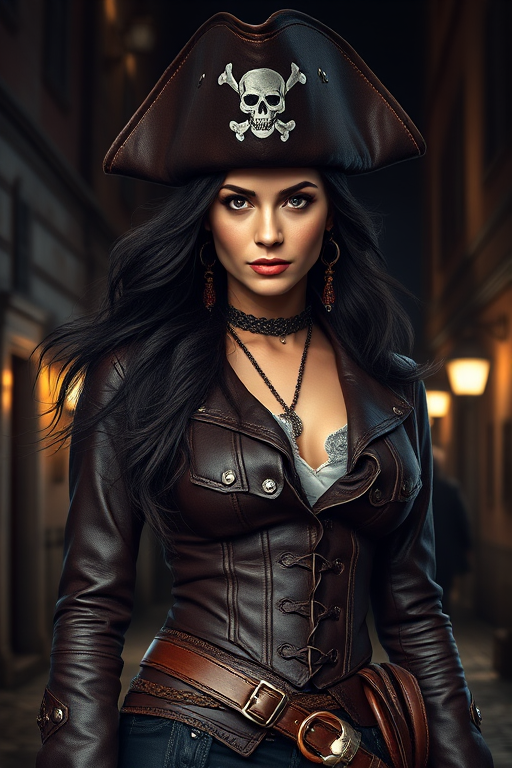 Create a portrait of a fierce female pirate. She wears a leather tricorn hat adorned with a skull and crossbones emblem, and her long, dark hair flows around her face. Her outfit consists of a richly detailed leather jacket, a corset, and multiple layers of belts and accessories, giving her a formidable and stylish appearance. She stands confidently in a dimly lit, historic port town, with a backdrop of weathered buildings and cobblestone streets, capturing the adventurous spirit of a pirate.