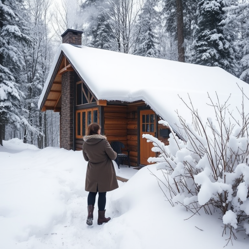 Snow-covered cabin in the woods, smoke rising from the chimney, as a woman steps outside, bundled in a coat, to admire the pristine winter landscape.