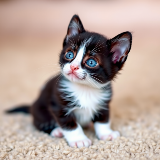 Generate an image of a small black and white kitten with bright blue eyes looking up curiously while sitting on a soft beige carpet. The background should be slightly blurred to emphasize the kitten.