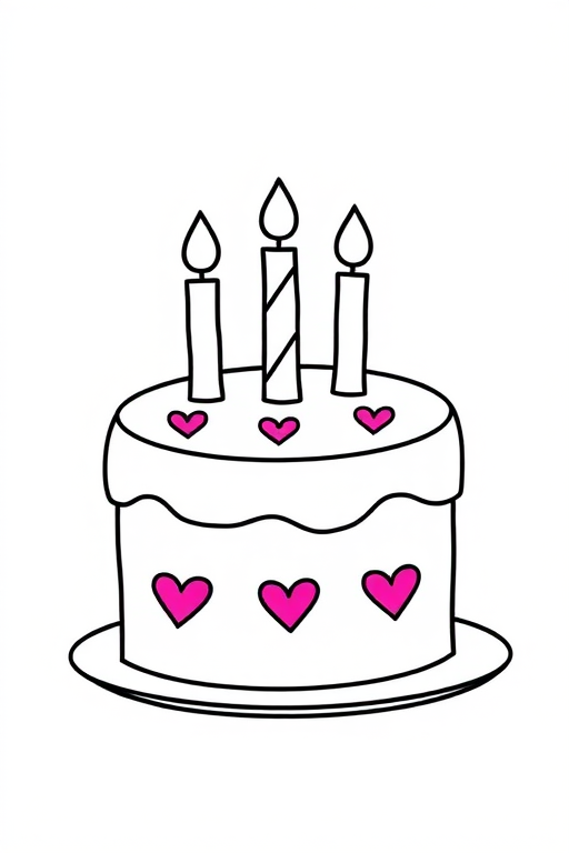 Draw a simple birthday cake with three candles on top and pink hearts decorating the sides with a plate underneath the cake.