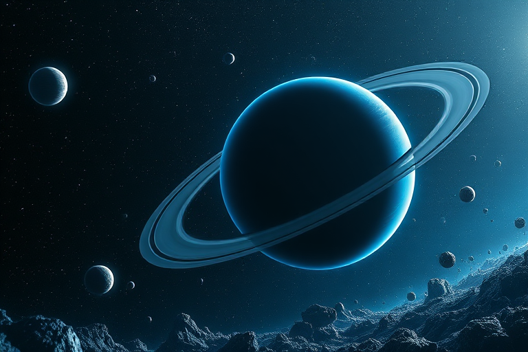 Create a high-resolution futuristic space scene featuring a large blue planet with rings similar to Saturn, surrounded by a field of asteroids and distant planets, using a DSLR camera with a 24mm lens at f/8, ISO 100, and a wide-angle view to capture the cosmic depth, in night mode for enhanced star visibility.