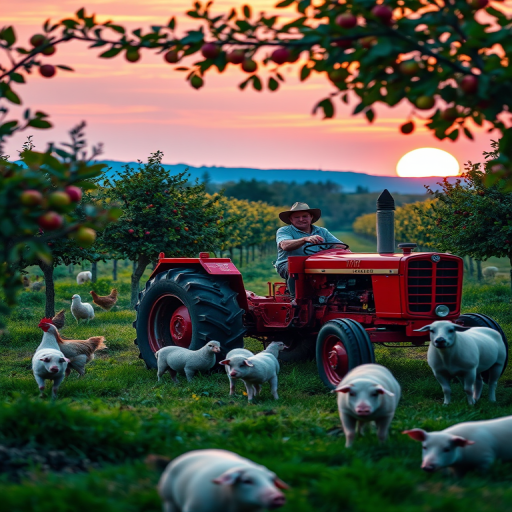 vibrant rural landscape with a farmer in a red tractor, surrounded by trees with apples, chickens, sheep, and pigs, sunset in the background, high saturation, 35mm lens, f/8 aperture, ISO 200, soft focus style, DSLR camera
