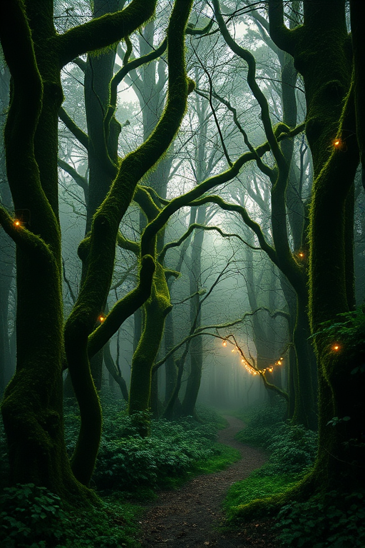create a dense, enchanting forest scene with towering, moss-covered trees entwined with vines, soft golden lights twinkling among the branches, mist weaving through the underbrush, a winding path leading deeper into the woods, shot with a Canon EOS R5 at f/2.8, 24mm lens, ISO 200, with a focus on depth of field to enhance the ethereal atmosphere and soft light filtering through the foliage.