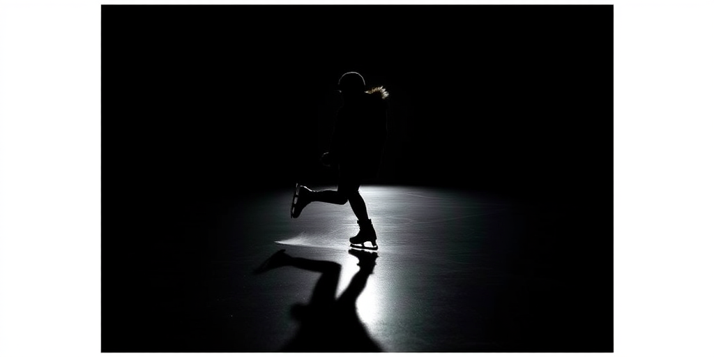 Create a high-contrast silhouette of a person ice skating on a dark background, using a DSLR camera with a 50mm lens, aperture set to f/2.8, ISO 100, and a shutter speed of 1/500s, ensuring sharpness and clarity in the motion.
