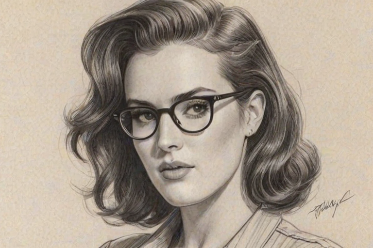 Appealing Rumer Willis, pencil sketch, portrait of Gorgeous woman 1942s in glasses, hair style beatnik, outline, clear lines, fine lines, 8k