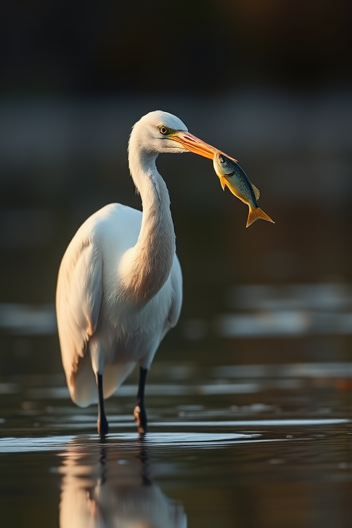 Capture a close-up of a white heron holding a fish in its beak while standing in shallow water at dawn with soft diffused lighting, using a Canon EOS 5D Mark IV, 100mm f/2.8 macro lens, aperture f/2.8, ISO 200, shutter speed 1/500 sec, in portrait orientation for enhanced depth of field.