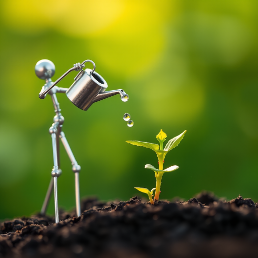 A metal figurine of a person, constructed from thin, silver rods, stands on the left side of the image, facing the viewer. The figurine is holding a small watering can and pouring water onto a young plant, with a few droplets in the air. The plant, with lush green leaves, is situated in the center, growing from dark soil. The background is a soft, out-of-focus blur of green, illuminated by warm, natural light.  The composition creates a sense of depth and intimacy. The image evokes feelings of growth, nurture, and hope.