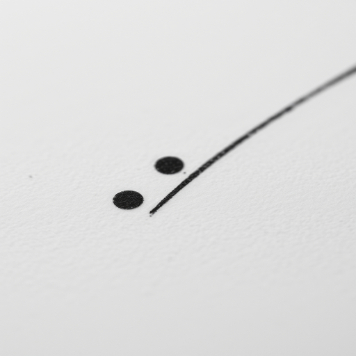 A close-up view of a minimalistic black and white drawing of two small dots and a line, captured with a DSLR camera at f/2.8, ISO 100, 50mm lens, natural lighting, and a soft focus for enhanced texture.