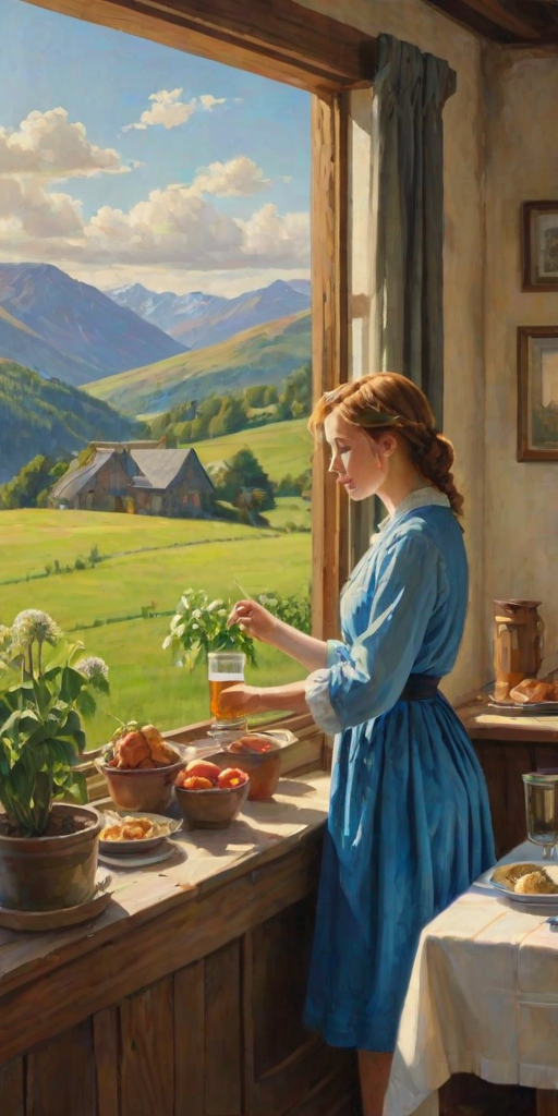 In "A Glass of Beer on the Highland," a serene scene is depicted in a sunlit room where a woman in a vibrant blue dress stands by a large window. She holds a tray with a hearty meal and a frothy glass of beer, embodying a moment of relaxation. Outside, the breathtaking highland landscape features rolling green hills and a charming traditional house, all bathed in warm afternoon light. The interior is adorned with potted plants, creating a harmonious blend of comfort and nature. The painting beautifully captures the tranquility and joy found in simple pleasures amidst stunning scenery
