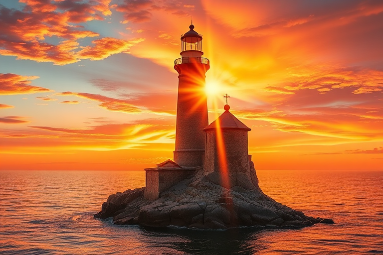 Generate an image of a tall lighthouse perched on a rocky outcrop surrounded by calm ocean waters during a breathtaking sunset. The lighthouse stands sturdy and weathered, its stone surface illuminated by the warm golden light of the setting sun. The sun's rays pass directly through the glass lantern room at the top of the lighthouse, casting a brilliant light across the scene. The sky is painted with vibrant shades of orange, pink, and purple, reflecting off the tranquil sea. The surrounding water shimmers with the same warm hues, creating a serene and majestic atmosphere.