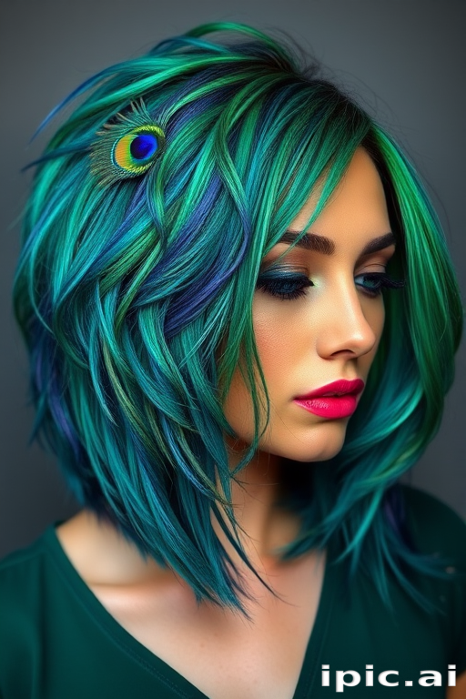 Vibrant peacock-inspired feathered bob featuring a blend of rich teals, emeralds, and sapphires with iridescent highlights throughout