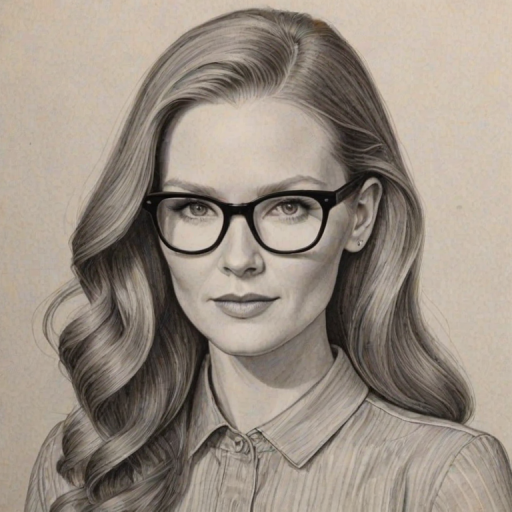 Resplendent Darby Stanchfield, pencil sketch, portrait of Enchanting woman 1942s in glasses, hair style beatnik, outline, clear lines, fine lines, 8k