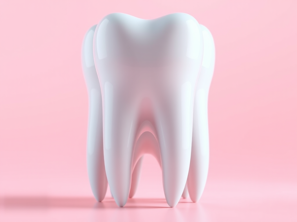 Create a 3D render of three glossy white teeth stacked together, with a soft gradient background, using a DSLR camera at f/2.8, ISO 100, 50mm lens, with a shallow depth of field for a professional look.