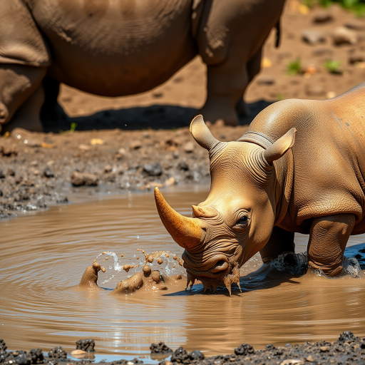 Generate an image of two baby rhinoceroses playing in a muddy water puddle with splashes around them, shot in natural light with a Canon EOS R5, using a 50mm f/1.2 lens, at ISO 100, aperture f/2.8, and a shutter speed of 1/500 second for high detail and vibrant colors.