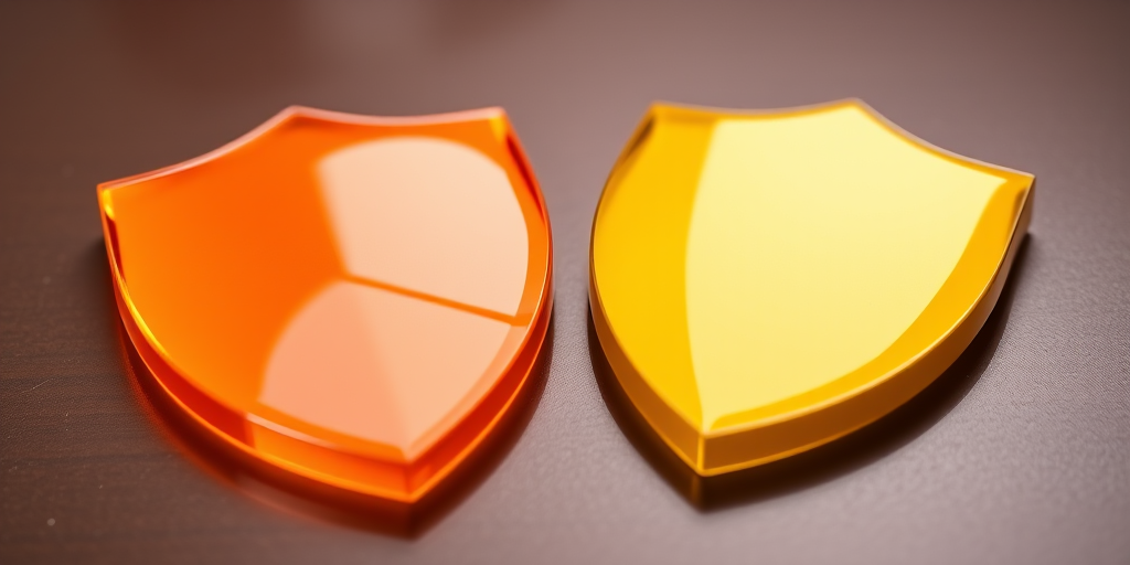 Create an image of two glossy shields, one orange and one yellow, with a smooth gradient finish; use a DSLR camera with a 50mm lens, aperture set to f/2.8, 1/250s shutter speed, and ISO 100 for crisp detail and vibrant colors, captured from a slightly elevated angle with soft natural lighting to enhance the sheen.