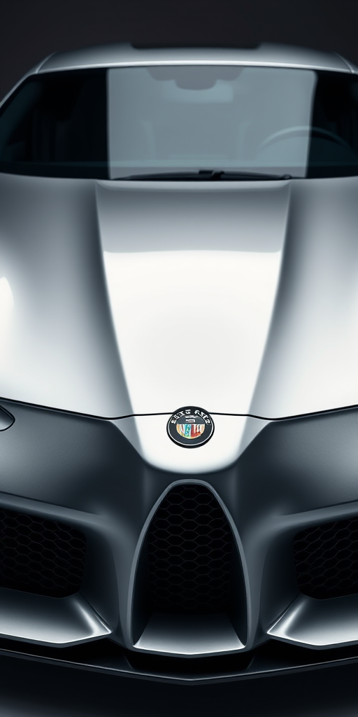 Create a hyper-realistic image of a sleek silver luxury car with a distinctive black grille, front view, high dynamic range, aperture f/2.8, ISO 100, shutter speed 1/200s, 35mm lens, using a Canon EOS R5, studio lighting for enhanced reflections and details.