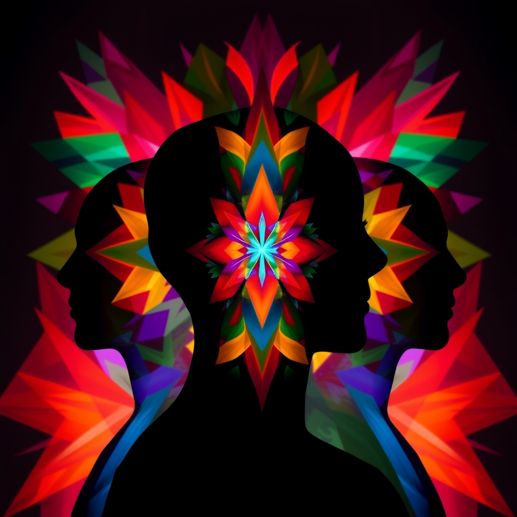 Create a high-resolution digital art piece featuring three abstract human figures with vibrant geometric patterns behind a silhouette, using a Canon EOS R5, 24mm lens, f/8 aperture, ISO 100, and soft studio lighting for depth and clarity.