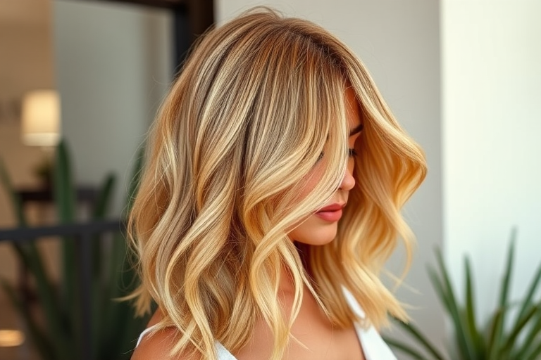Chic honey blonde lob christened "Golden Hour" styled with beachy waves and sun-kissed balayage, exuding effortless elegance and warmth