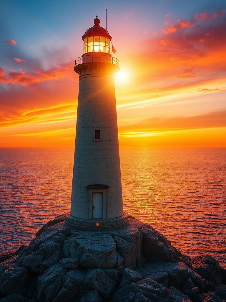 Generate an image of a tall lighthouse perched on a rocky outcrop surrounded by calm ocean waters during a breathtaking sunset. The lighthouse stands sturdy and weathered, its stone surface illuminated by the warm golden light of the setting sun. The sun's rays pass directly through the glass lantern room at the top of the lighthouse, casting a brilliant light across the scene. The sky is painted with vibrant shades of orange, pink, and purple, reflecting off the tranquil sea. The surrounding water shimmers with the same warm hues, creating a serene and majestic atmosphere.