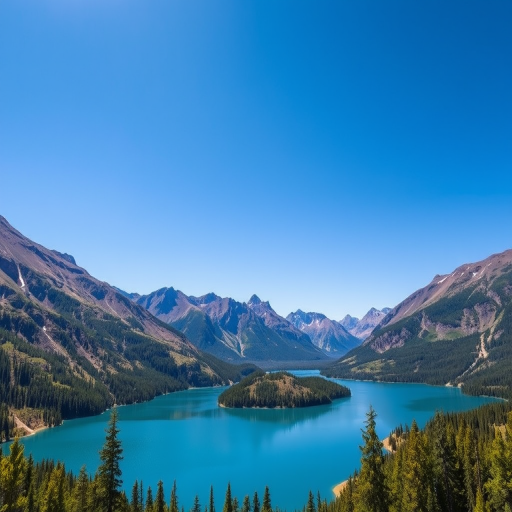 Create a vibrant scenery of a serene lake surrounded by mountains under a clear blue sky, captured using a DSLR camera with a 50mm f/1.8 lens, ISO 100, aperture f/8, shutter speed 1/200s, in a wide-angle view for enhanced detail and depth.