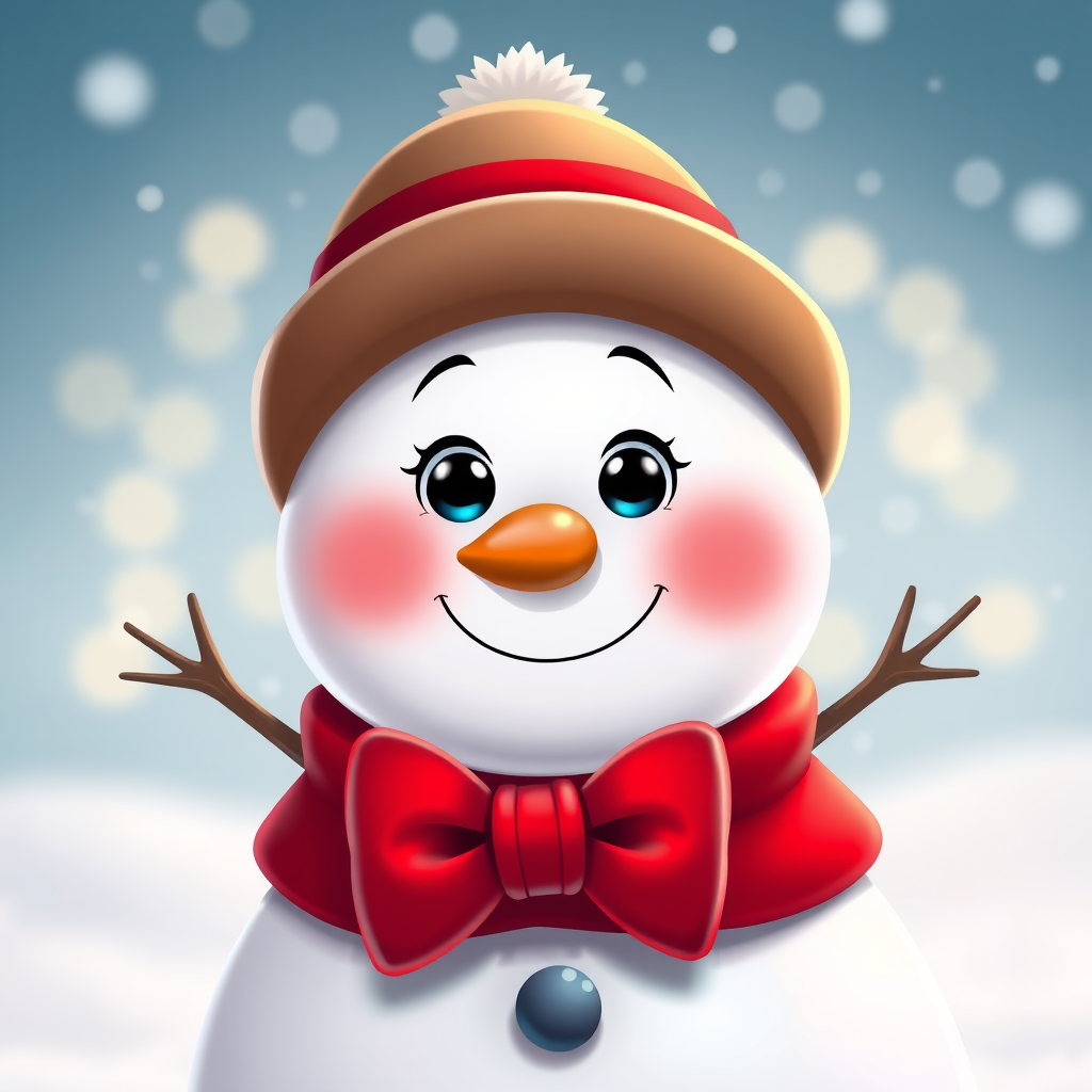 Create a high-resolution illustration of a cartoon snowman wearing a brown hat with a red band and a red bow tie, centered in the frame, using a digital camera with a 50mm lens at f/2.8, ISO 100, in a studio-style setting with soft lighting for enhanced color vibrancy and detail.