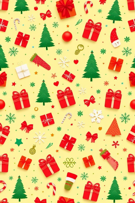 Create a seamless holiday-themed pattern with gifts, trees, and festive elements in vibrant colors on a light yellow background, shot with a Canon EOS 5D Mark IV at f/8, 1/250 sec, ISO 100, using a top-down view for a flat lay effect.