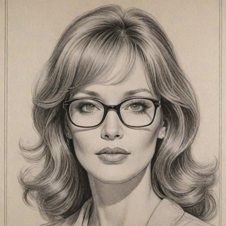 Elegant Tanya Roberts, pencil sketch, portrait of Lovely woman 1942s in glasses, hair style beatnik, outline, clear lines, fine lines, 8k