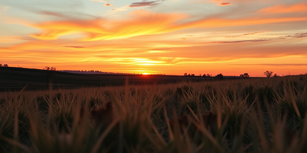 Generate a high-quality image of a serene landscape at sunset, using a DSLR camera with a 50mm lens, aperture set to f/1.8, ISO 200, shutter speed 1/100s, taken from a low angle view to emphasize the foreground, with warm color tones and vibrant skies.