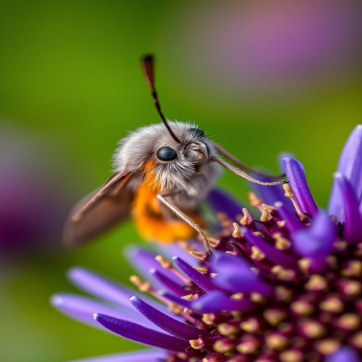 macro shot of a gray and orange moth feeding on a purple flower with a blurred green background, aperture f/4, shutter speed 1/200s, ISO 100, taken with a DSLR camera with a 100mm macro lens, natural lighting, shallow depth of field