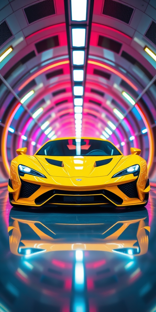 A vibrant yellow sports car with a dynamic abstract design, positioned at the center of a futuristic tunnel with colorful lighting, shot with a Canon EOS R5, 24mm lens, f/1.4 aperture, ISO 100, 1/200 sec exposure, using a low-angle perspective to emphasize the car's features and reflections on the floor.