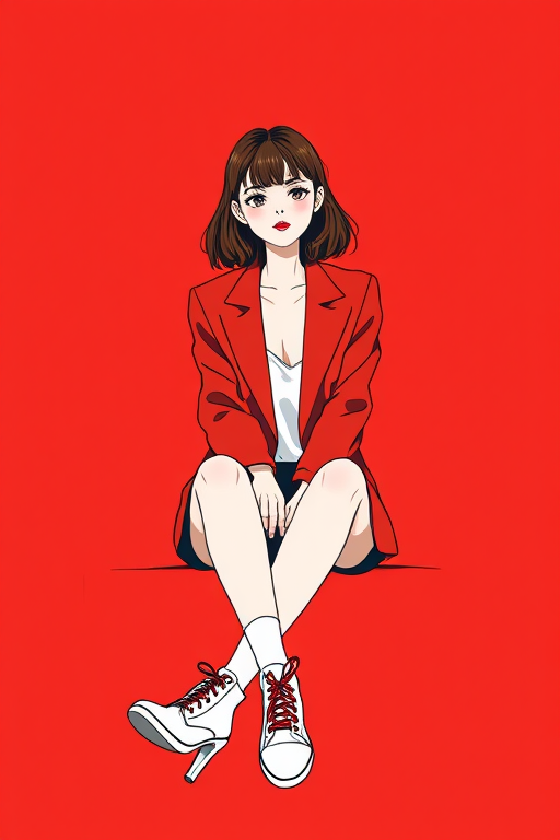 Create a minimalist illustration of a girl sitting in a red background, wearing a stylish blazer and fashionable shoes, captured with a DSLR camera at f/2.8 aperture, ISO 100, 50mm lens, front view, vibrant color saturation.