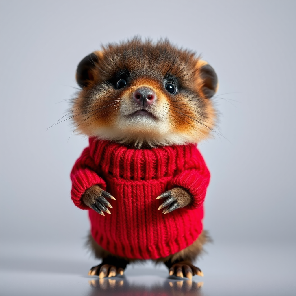 A cute and fluffy animal resembling a mole, wearing a cozy red sweater, standing upright against a transparent background, captured with a DSLR camera, 50mm lens, f/2.8 aperture, ISO 100, in natural lighting for enhanced detail and color vibrancy.