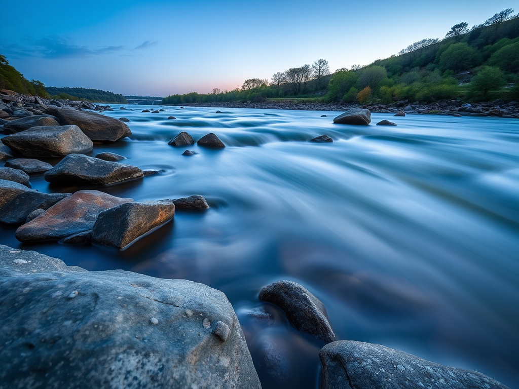 capture a serene river scene with smooth flowing water over rocks during twilight, using a long exposure of 10 seconds, f-stop 11 for depth of field, ISO 100 for clarity, wide-angle lens to capture the landscape, shot from a low angle to emphasize the foreground rocks and flowing water, DSLR camera for high-quality image