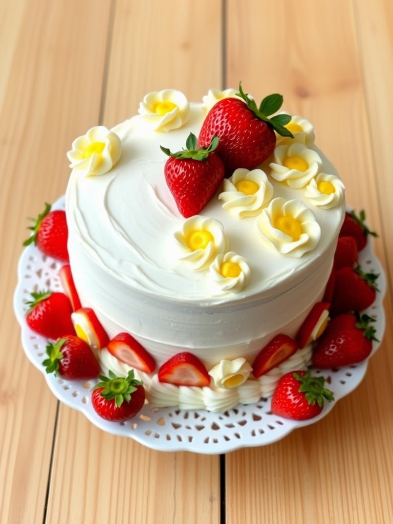 Create an image of a beautifully decorated cake with a white frosting base topped with whipped cream flowers and small yellow sponge cakes. Place fresh strawberries around the base and on top, ensuring one large strawberry is prominently featured in the center. The cake should be presented on a decorative white plate against a simple wooden table background.