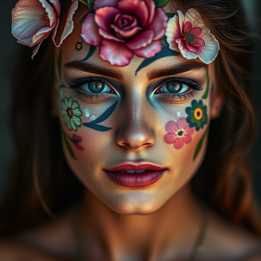 portrait of a woman with artistic floral face paint and dramatic textures, soft lighting, depth of field, 50mm lens, f/1.8, ISO 100, natural light, DSLR camera, high-resolution.