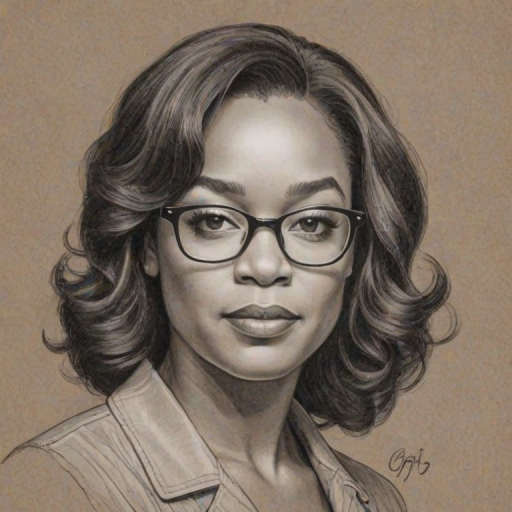 Enchanting Shonda Rhimes, pencil sketch, portrait of Resplendent woman 1969s in glasses, hair style beatnik, outline, clear lines, fine lines, 8k