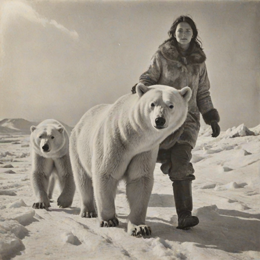 A very old photograph in black and white. The photo is badly damaged, faded, with scratches, tears, smudges and dirt. The photo is ultra-realistic and very detailed. It's a picture of an Arctic warrior. She is walking serenely towards the camera. At her side walks a majestic polar bear. Its fur shines in the sunlight. Snow, ice, sea. wind. snow in the air.